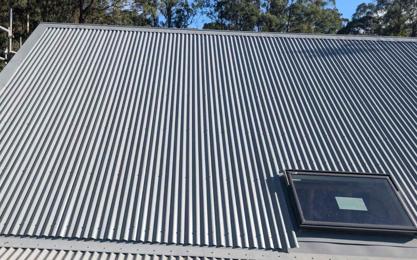 Grey corrugated metal roof with a roof window, surrounded by tall gum trees