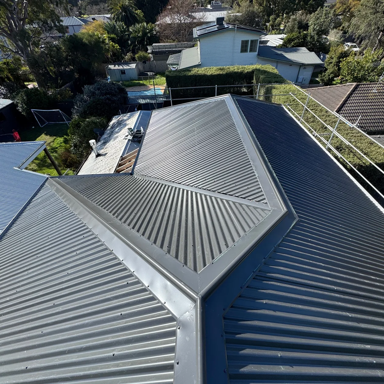 Dark corrugated metal hip roof above a suburban backyard